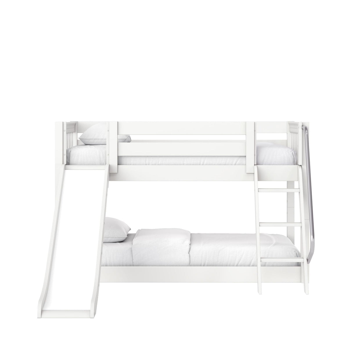 White wooden twin-over-full bunk bed with slide and ladder, modern kids' bedroom bed with white bedding
