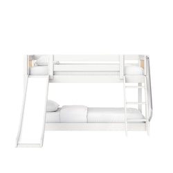 White wooden bunk bed with slide and ladder, modern kids loft bed with guardrail and white bedding on white background