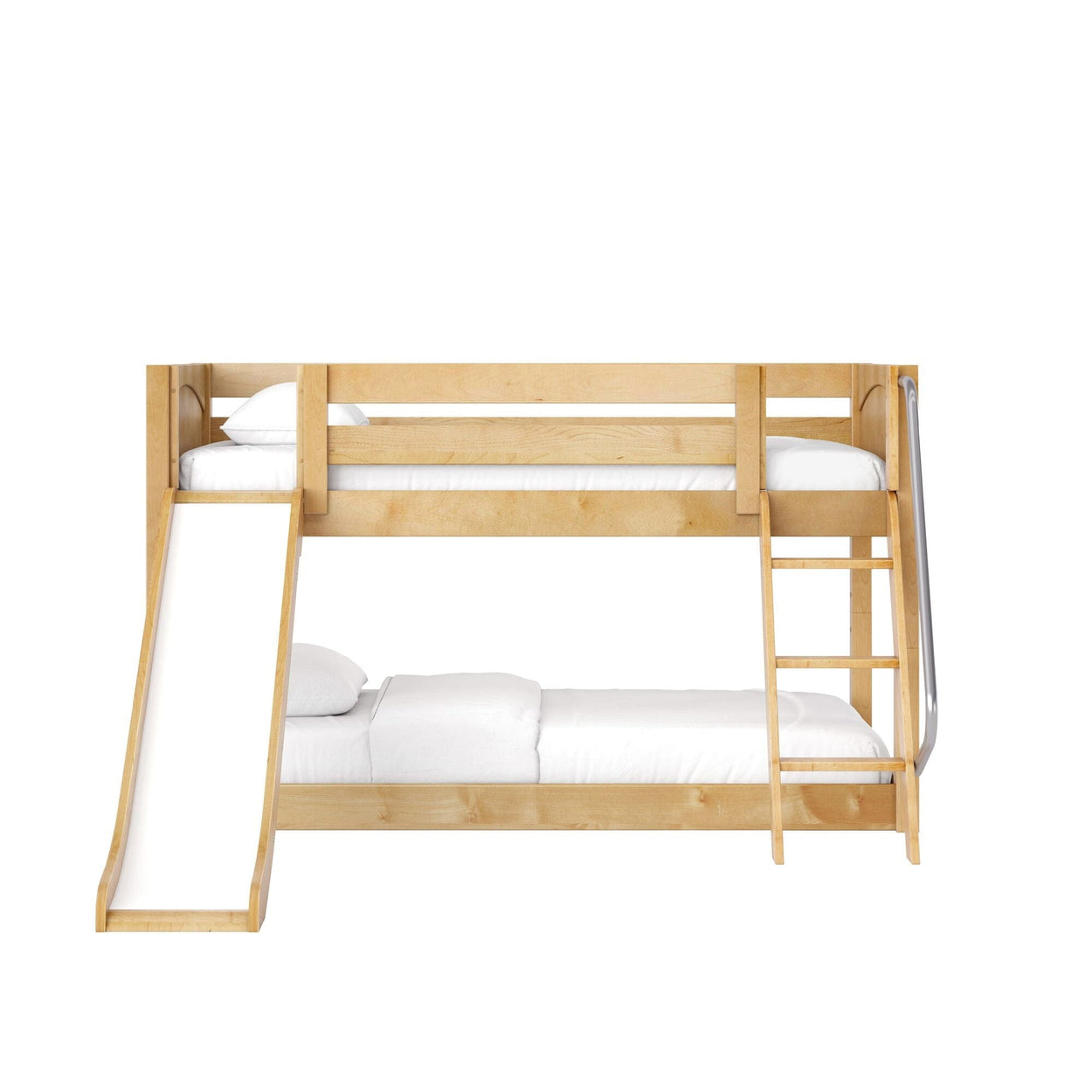 Solid wood kids bunk bed with ladder and slide, natural finish and white bedding — space-saving twin-over-full design for children's bedrooms