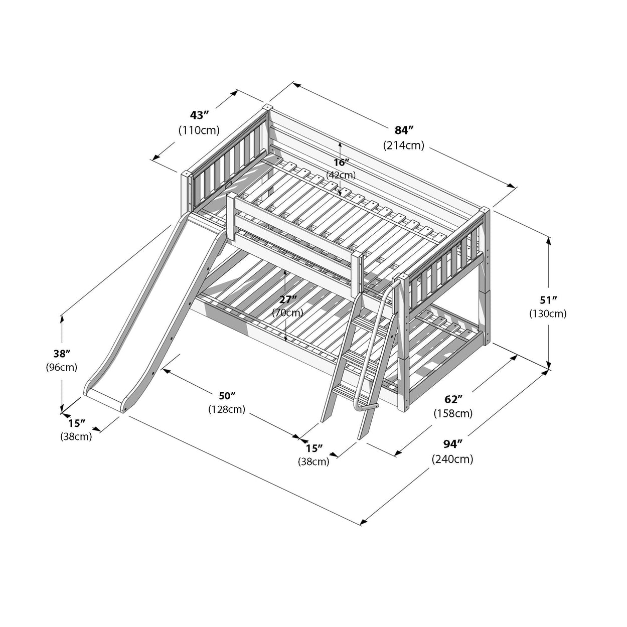 Twin-over-full wooden bunk bed with slide and ladder, slatted guardrails and platforms; dimensional diagram showing key measurements 94" x 43" x 51" (240 x 110 x 130 cm)