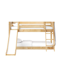 Children's natural wood bunk bed with slide and built-in ladder, white bedding, modern kids' bedroom furniture