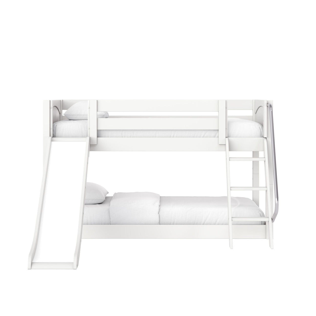 Modern white wooden bunk bed for kids with built-in ladder and slide, two-tier design with white bedding