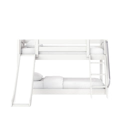 Modern white wooden bunk bed for kids with built-in ladder and slide, two-tier design with white bedding