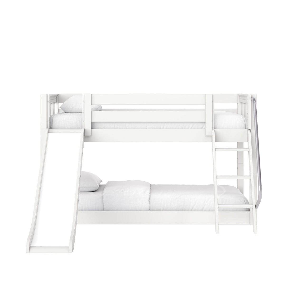 White wooden bunk bed with built-in ladder and slide, two-tier kids bed with white bedding, modern children's bedroom furniture