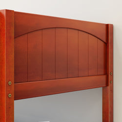 Wooden bed headboard with an arched design and vertical paneling.