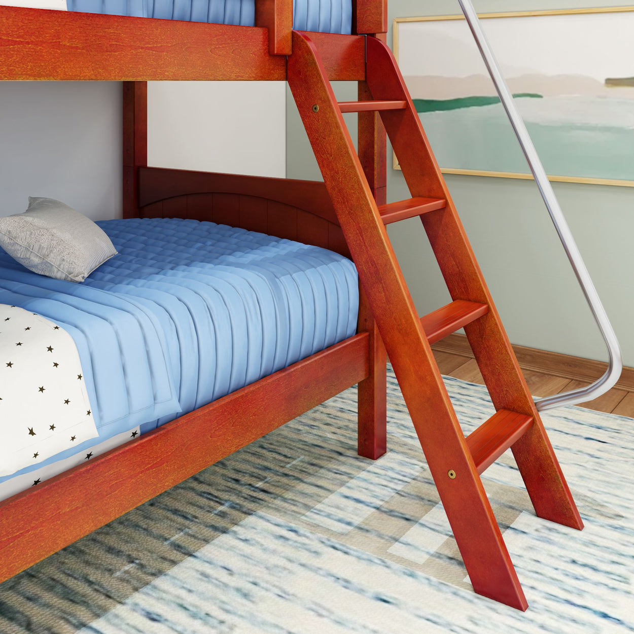 Wooden bunk bed with blue bedding and ladder in a cozy bedroom setting.