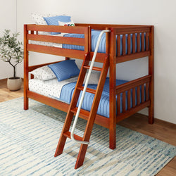 Wooden bunk bed with ladder and blue bedding in modern bedroom interior.
