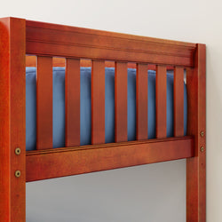 Wooden bunk bed frame with blue mattress, ideal for children's bedroom furniture.