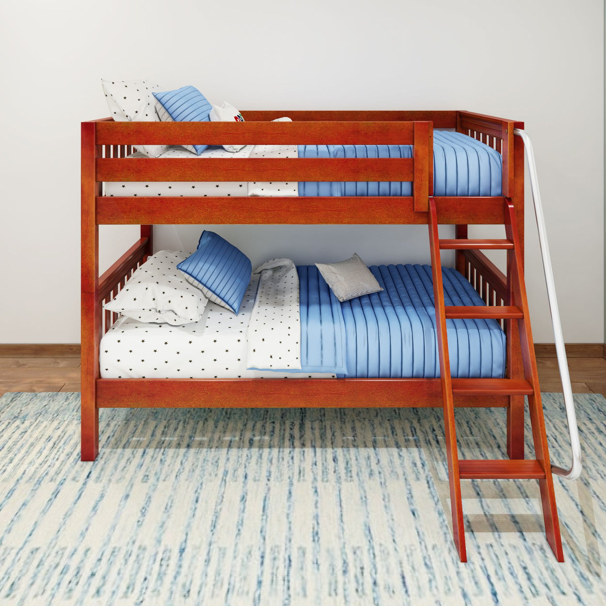 Wooden bunk bed with blue and white bedding in modern bedroom.