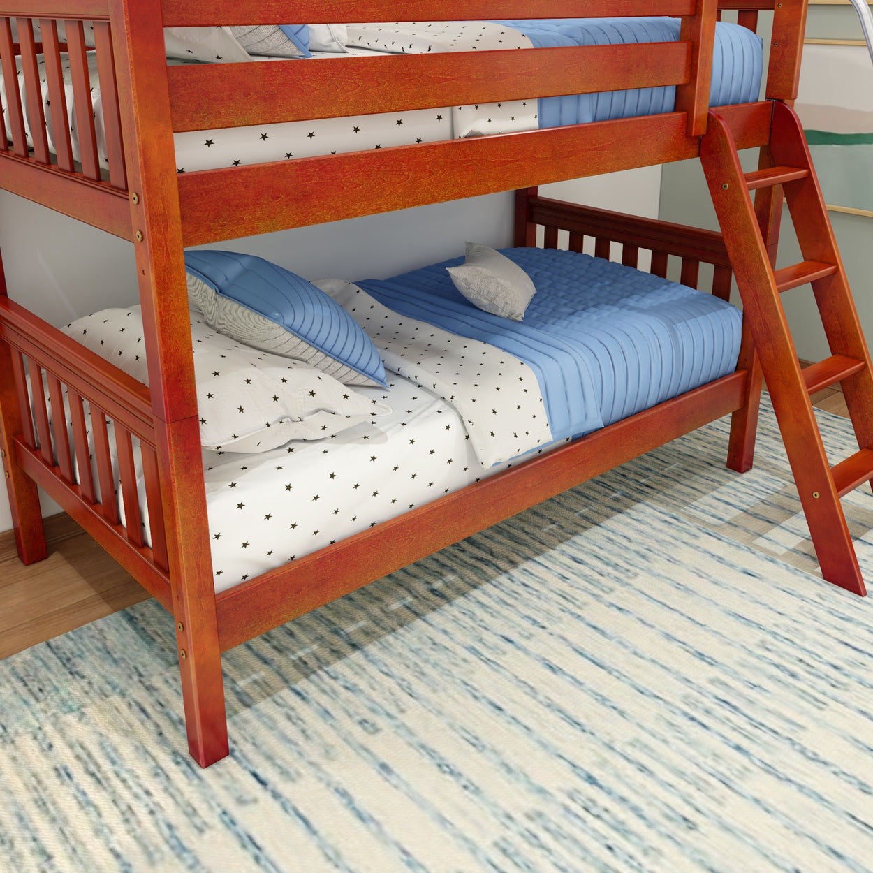 Wooden bunk bed with blue bedding and star-patterned sheets in a modern bedroom.