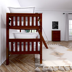 Wooden bunk bed in a bright, modern bedroom with hardwood floors and geometric rug.