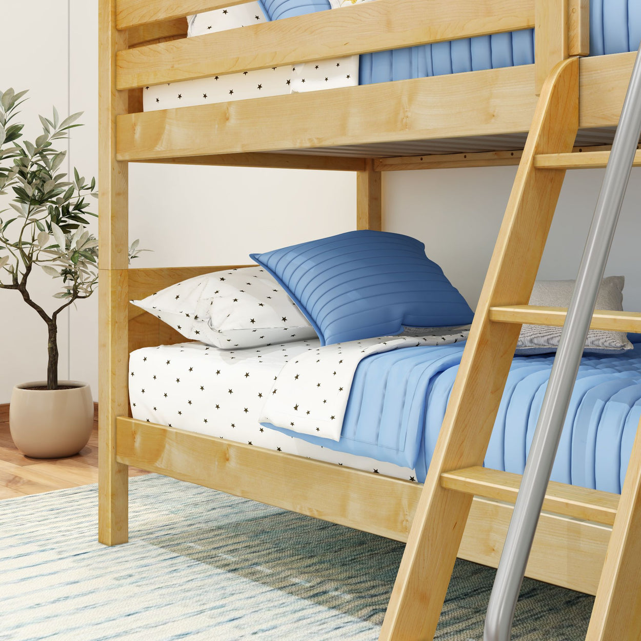 Wooden bunk bed with blue bedding and ladder in a cozy bedroom with a potted plant and patterned rug.