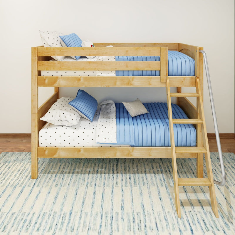Natural wood bunk bed with ladder, top and bottom bunks dressed in blue quilted bedding, star-pattern sheets and decorative pillows in a modern kids' bedroom
