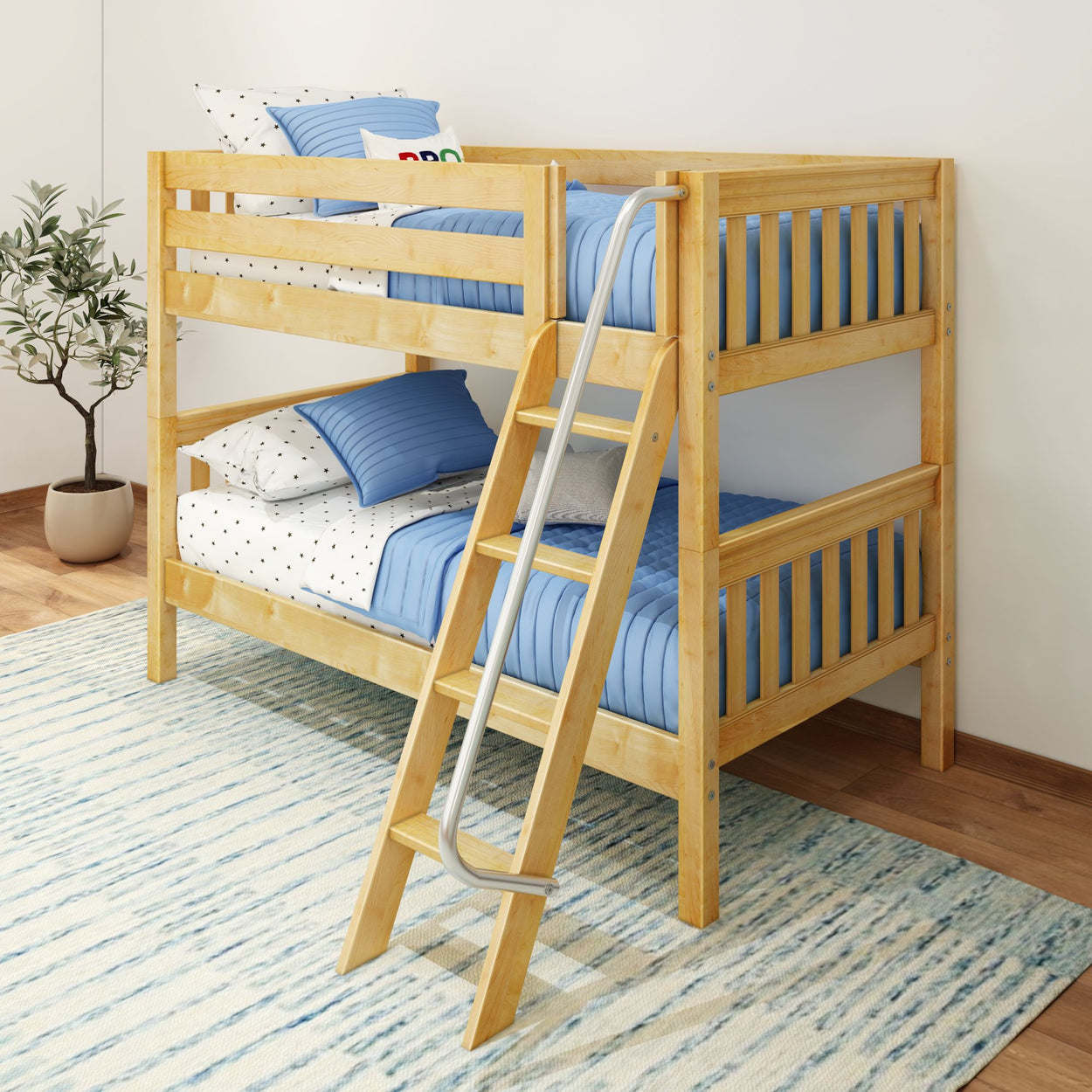 Natural wood bunk bed with blue bedding in a cozy children's room, featuring a ladder and decorative plant.
