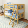Natural wood twin-over-twin bunk bed with blue bedding and ladder in modern kids bedroom, space-saving design