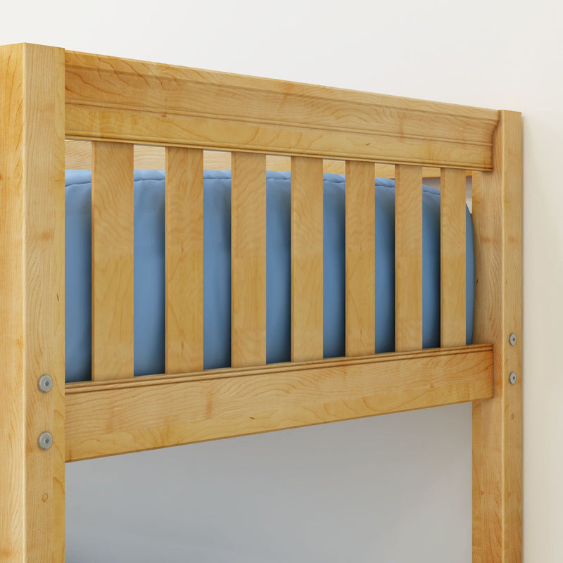 Light wood slatted bed headboard with vertical slats, blue bedding visible and metal bolt hardware on frame