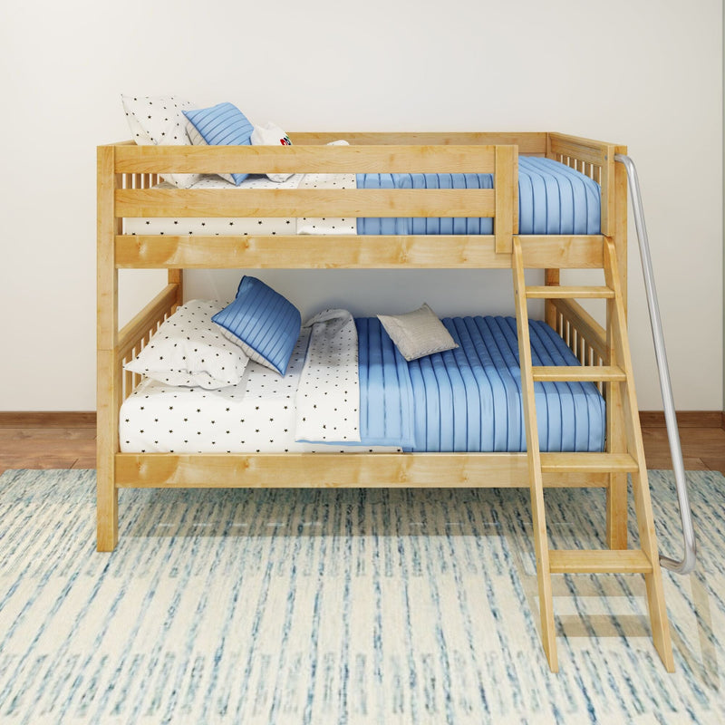 Natural wood twin-over-twin bunk bed with blue bedding, star-patterned sheets and ladder in modern kids' bedroom