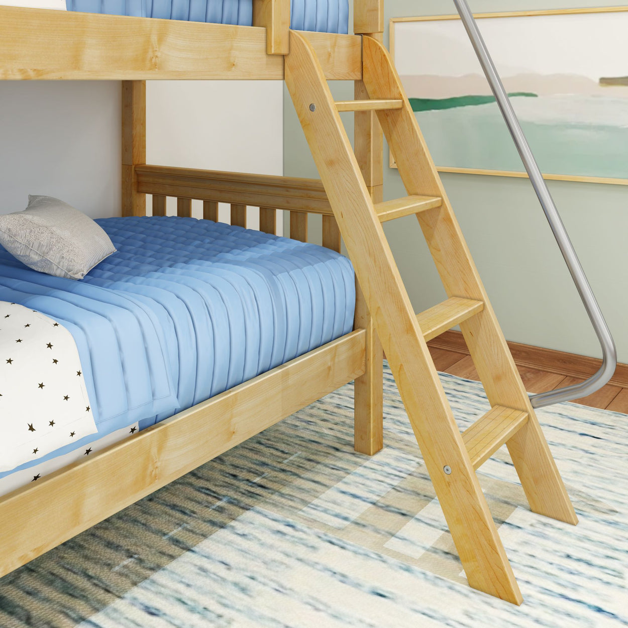 Wooden bunk bed with ladder and blue bedding in cozy children's bedroom.