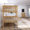Natural wood bunk bed with white bedding and ladder in a bright modern kids' bedroom featuring a tassel geometric rug, wooden dresser, and neutral decor