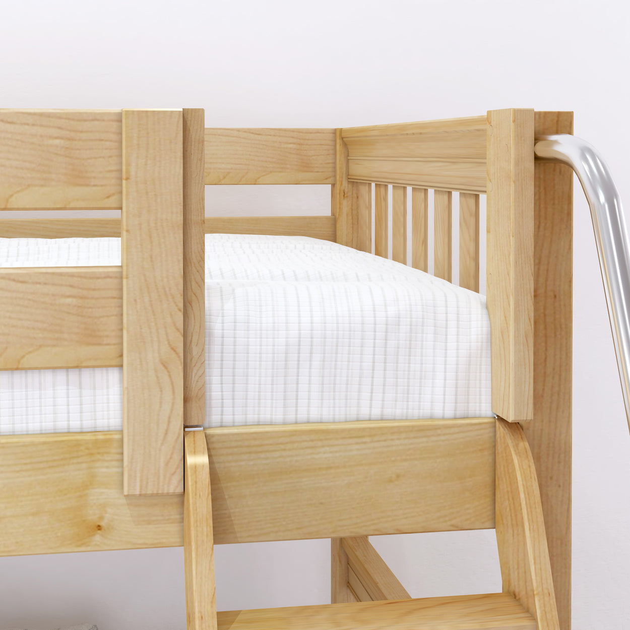 Wooden bunk bed with white bedding and metal ladder in a modern bedroom.