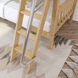 Wooden bunk bed ladder with metal handrail on geometric patterned rug.