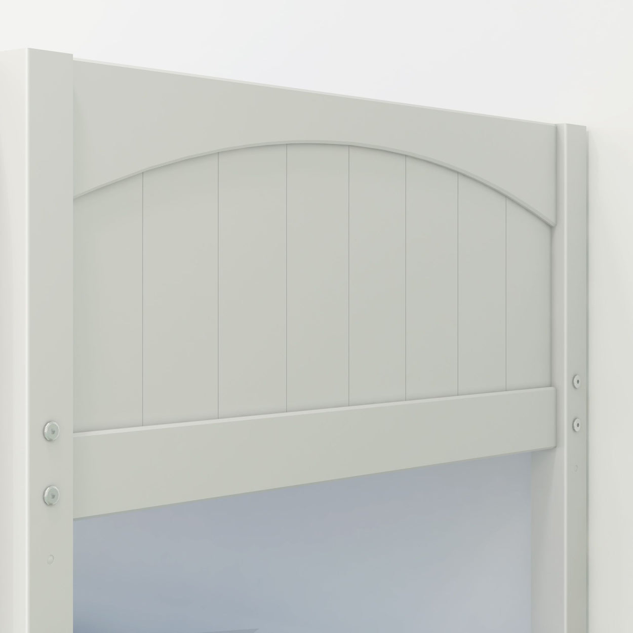 Gray wooden headboard with an arch design for a modern bedroom setup.