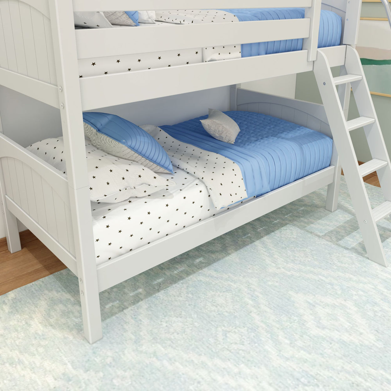 White wooden bunk bed with blue and star-patterned bedding and a ladder in a cozy bedroom setting.