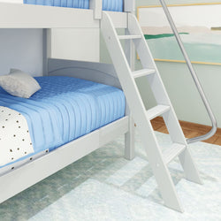 White wooden bunk bed with ladder and blue bedding in a modern bedroom.