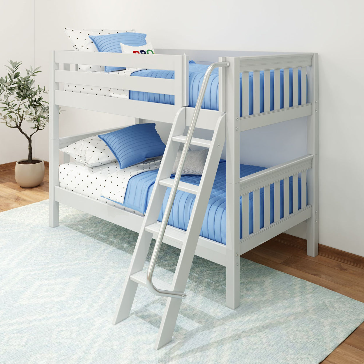 White wooden bunk bed with blue bedding and ladder in modern bedroom.