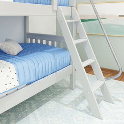 White bunk bed with blue bedding and slide in a modern children's room.