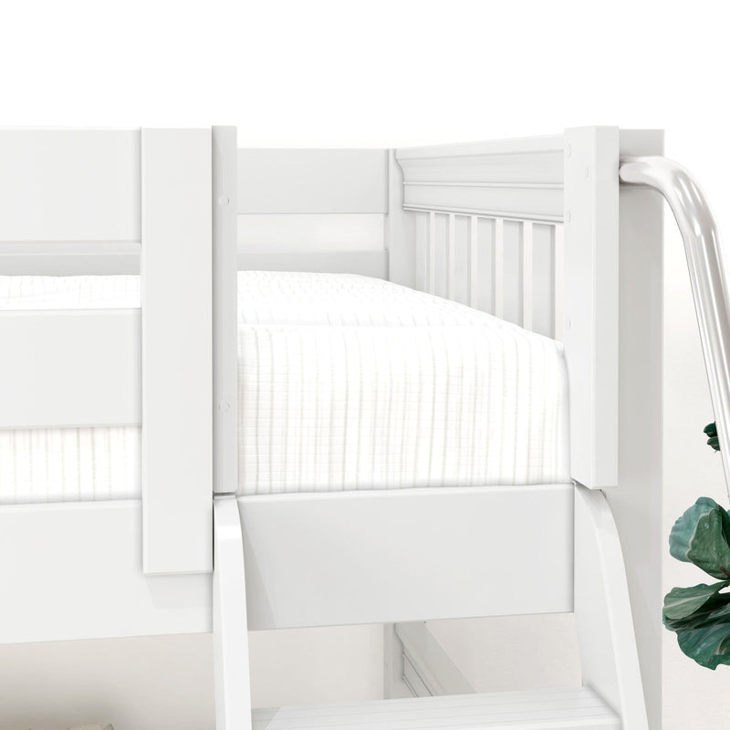 White wooden bunk bed corner with ladder, safety guardrail and twin mattress in a bright children's bedroom with potted plant