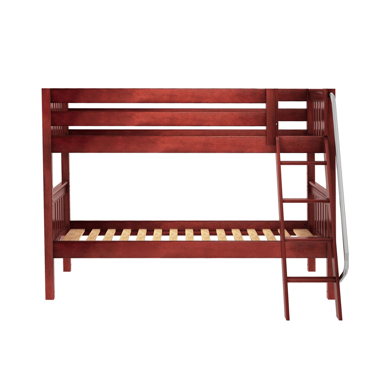Red wooden bunk bed with safety rails and attached ladder for kids' bedroom furniture.