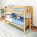 Natural wood bunk bed with blue quilted bedding and star-pattern sheets in a bright kids' bedroom with ladder, potted plant, and textured rug