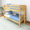 Solid natural wood bunk bed with blue quilted bedding and star-print sheets in modern kids' bedroom with built-in ladder and potted plant