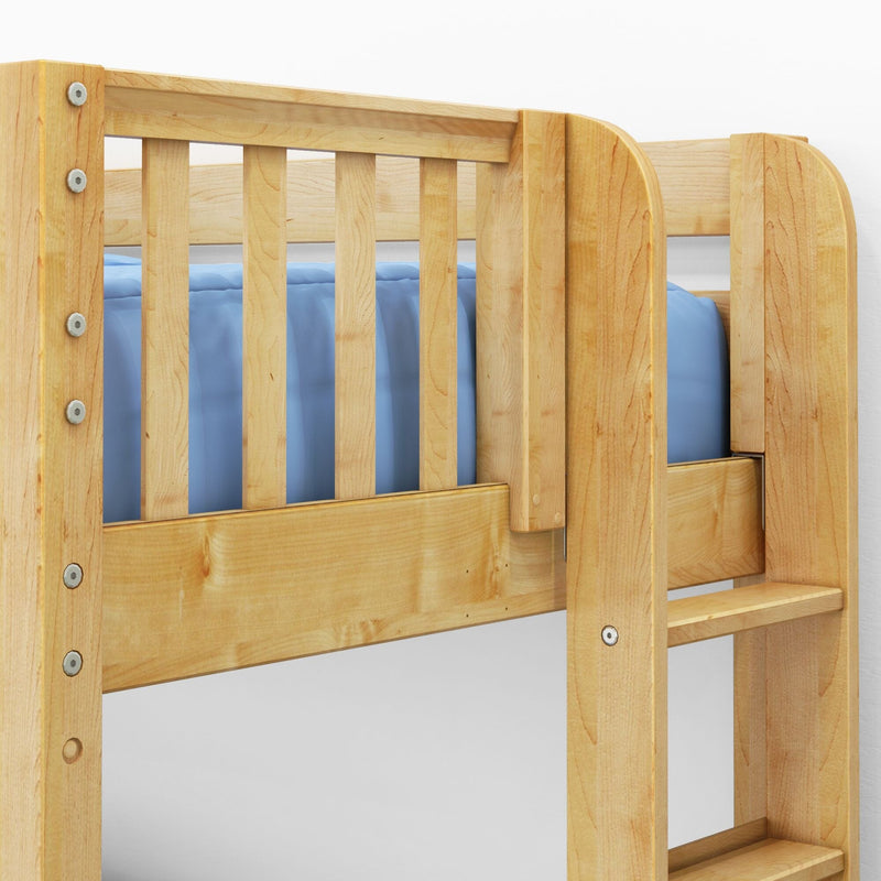 Close-up of light maple wooden bunk bed slatted safety rail and guardrail with blue mattress, sturdy kids bunk bed frame