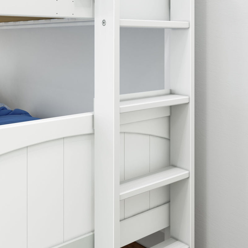 Close-up of a white wooden bunk bed ladder and guardrail with blue bedding, sturdy kids' bunk bed steps in a modern children's bedroom