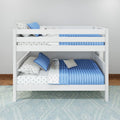 White twin bunk bed with blue quilted bedding, star-print sheets and assorted pillows in a modern kids' bedroom