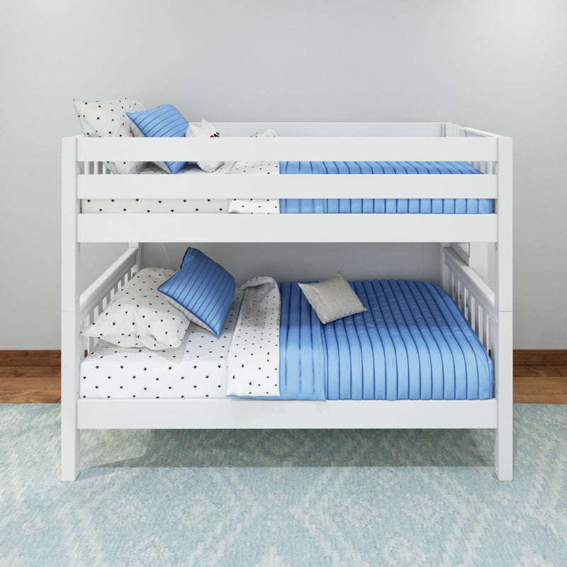 White wooden bunk bed with blue quilted bedding and star-patterned white sheets and pillows on top and bottom bunks in a modern kids bedroom
