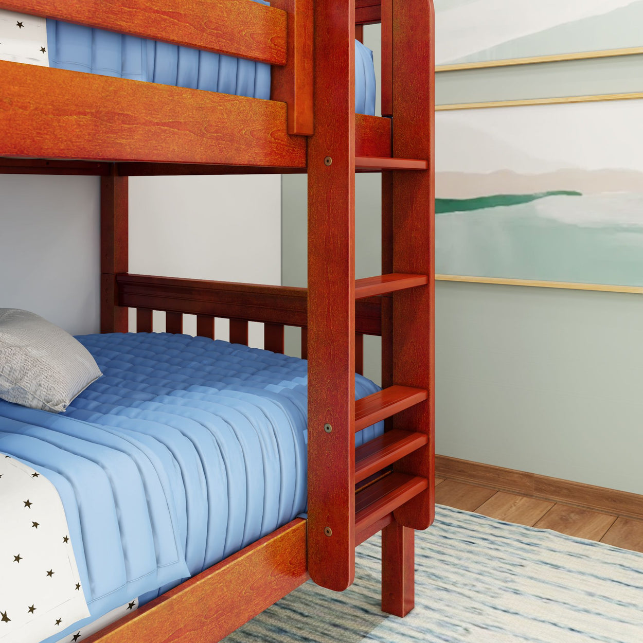 Red wooden bunk bed with blue bedding in a modern, bright bedroom.