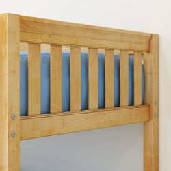 Close-up of natural maple wooden bed frame with slatted headboard and blue bedding, modern bedroom furniture