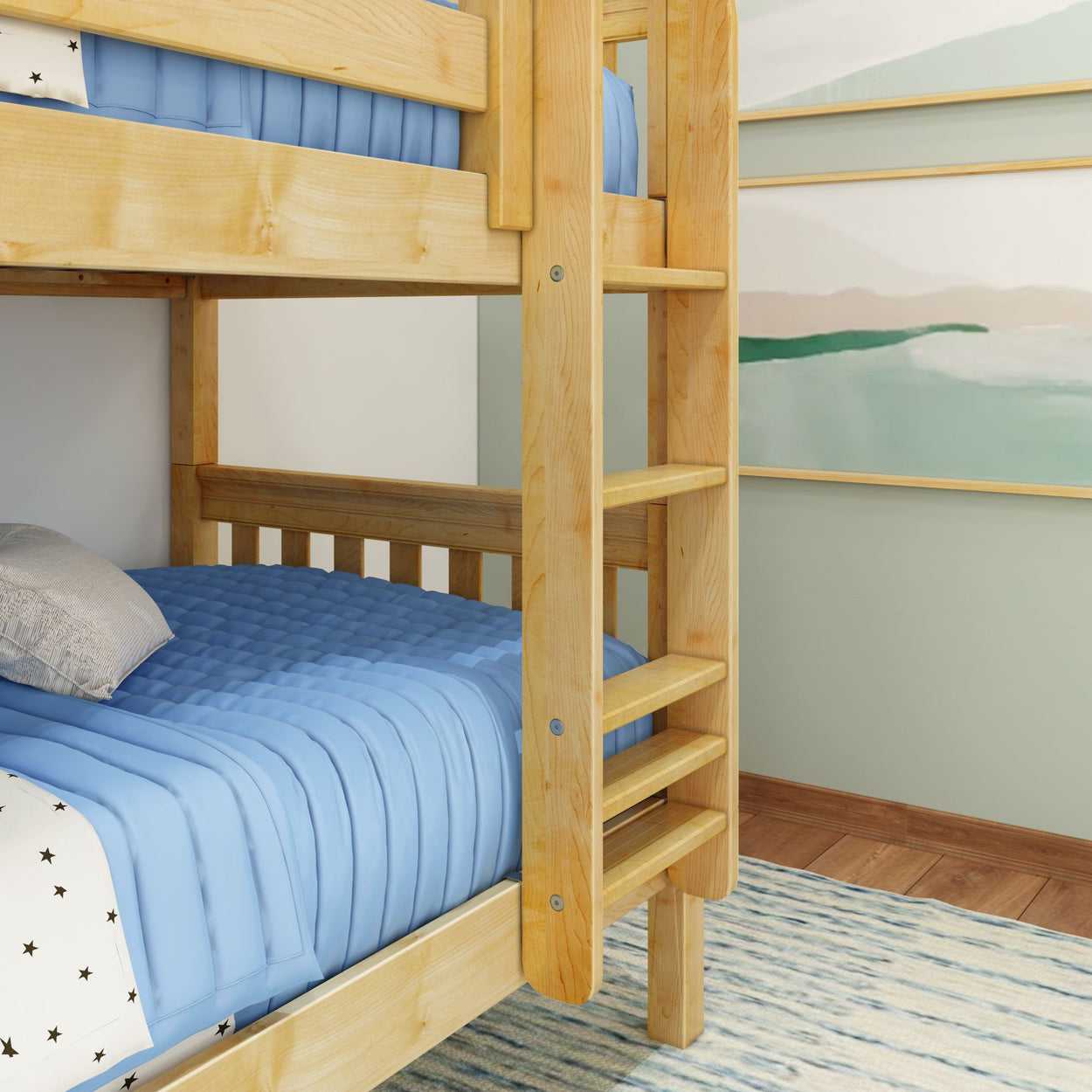 Wooden bunk bed with blue bedding in a cozy bedroom setting.