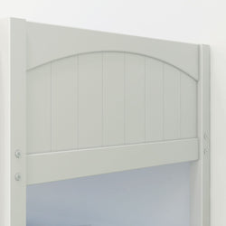 Modern gray bed headboard with an arched panel design, ideal for contemporary bedroom decor.