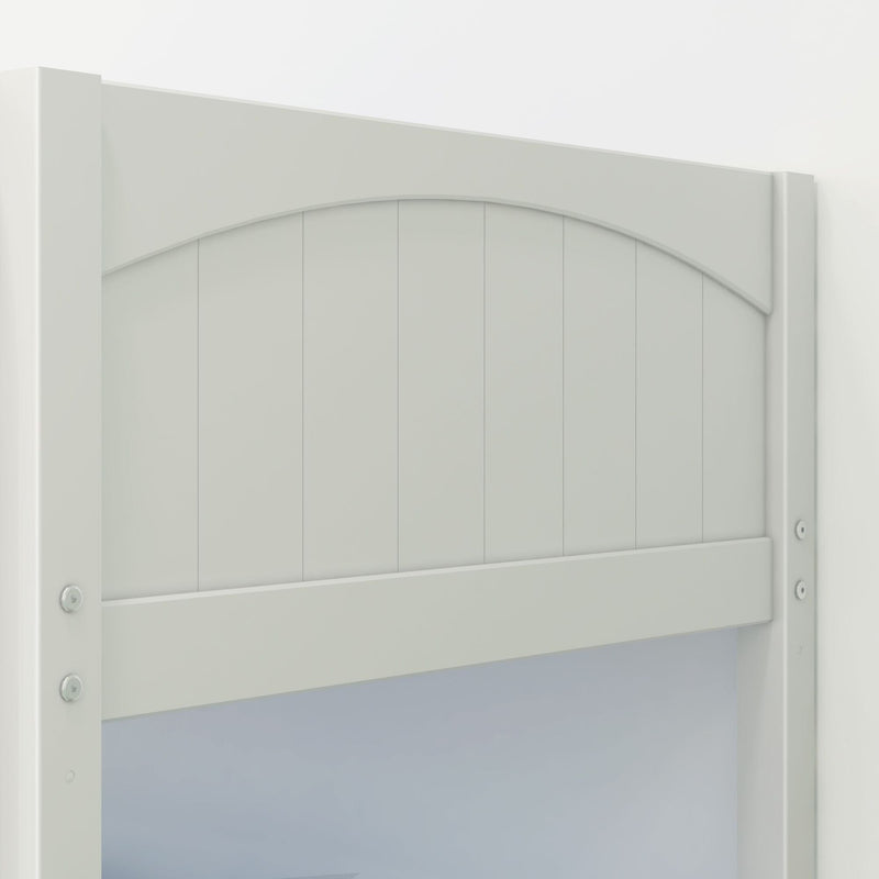 Close-up of white painted wooden garden gate with arched top, vertical tongue-and-groove panels and visible metal bolts