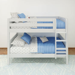 White wooden bunk bed with blue bedding and star-patterned sheets in a modern bedroom.