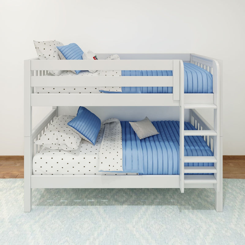 White wooden bunk bed with blue quilted bedding, star-print sheets and pillows and ladder in a modern kids' bedroom