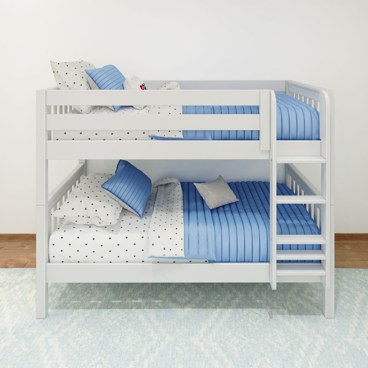White wooden bunk bed with blue bedding and polka dot sheets in a modern children's bedroom.