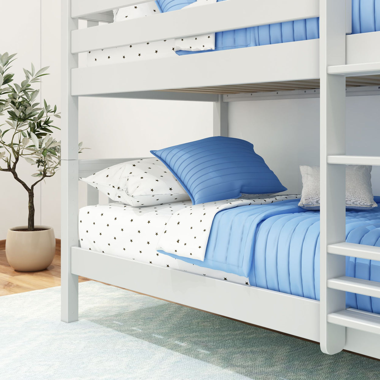 White wooden bunk bed with blue bedding and star-patterned sheets, minimalist bedroom decor with potted plant and soft lighting.