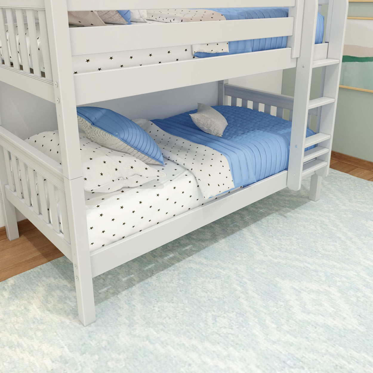 White bunk bed with blue bedding and star-patterned sheets in a modern bedroom.