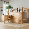 Space-saving wooden kids loft bed with built-in desk, drawers and ladder in a bright Scandinavian-style children's bedroom