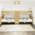 Light wood twin bunk beds with built-in staircase and drawers in a bright coastal kids' bedroom with white shiplap walls, neutral bedding, reading sconces and pendant light